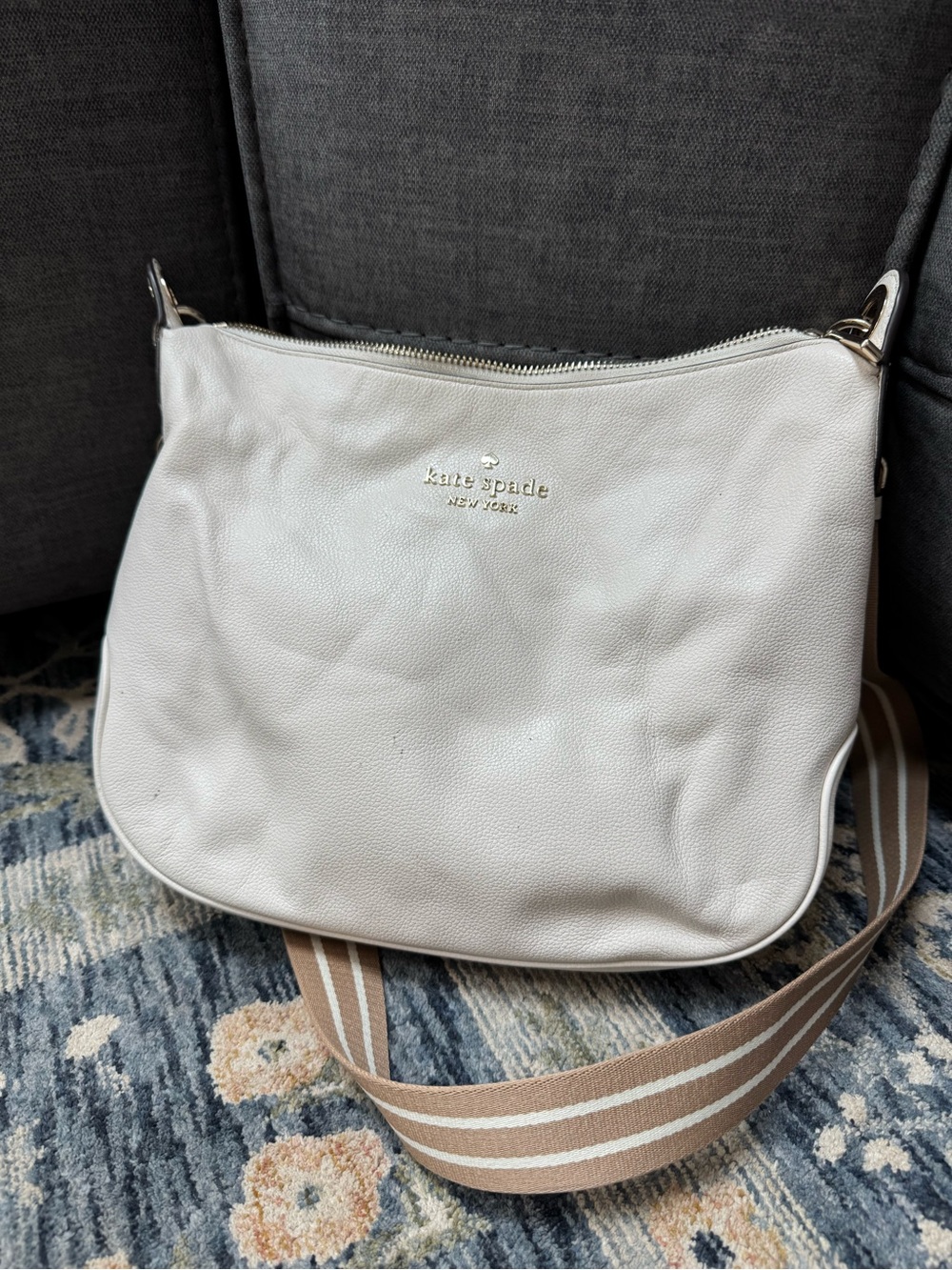 kate spade Cream Leather Crossbody with Striped Canvas Strap